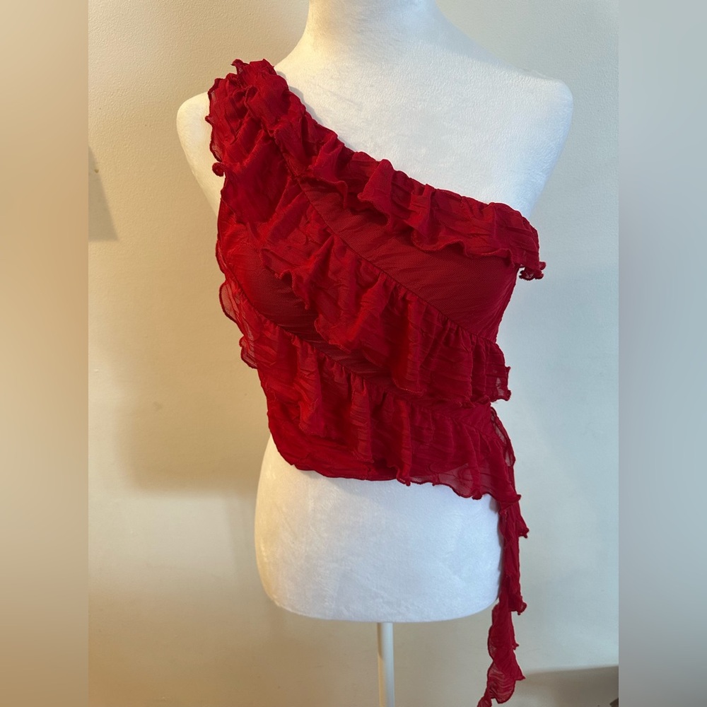 One shoulder red mesh ruffle top